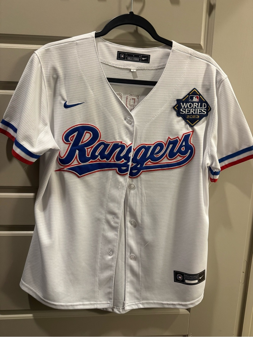 Nike White Rangers World Series Baseball Jersey with Blue and Red Trim